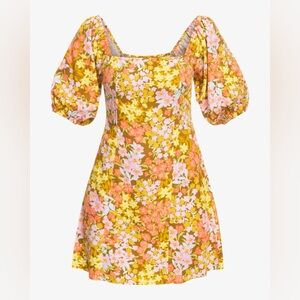 Billabong 70’a inspired Floral Print Dress with Puff Sleeves